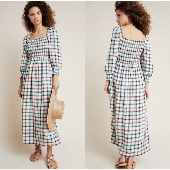 Anthropologie Maeve Cowgirl Maxi Dress Size L Cottagecore Puff Sleeve Smocked